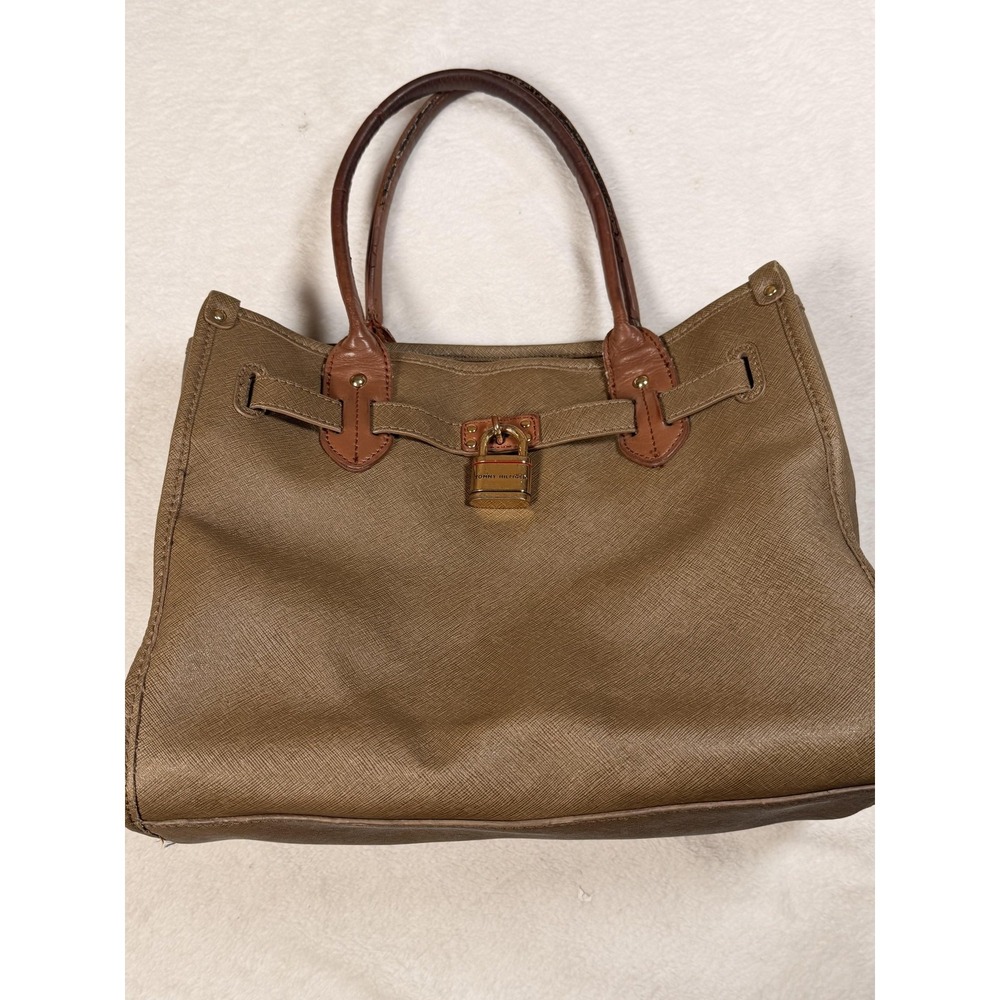 Tommy Hilfiger Satchel Bag Womens Brown Faux Leather Top Handle Padlock Medium